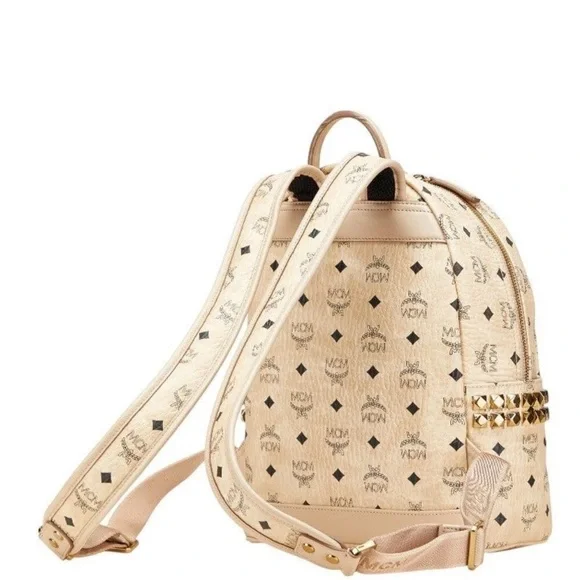MCM Large Stark Studded Visetos Beige Leather Backpack